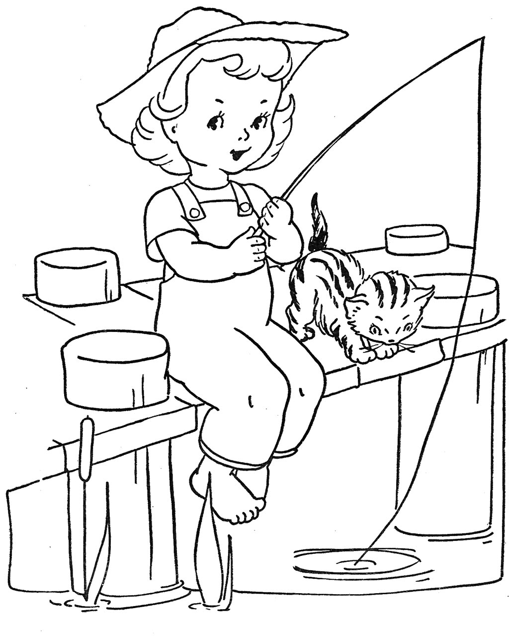 Dibujo de Niña Pescando con Gato para Colorear