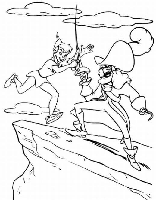 Dibujo de Peter Pan y Hook Peleando para Colorear
