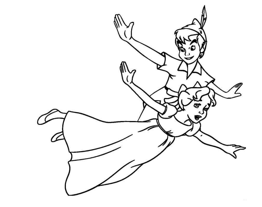 Dibujo de Peter Pan y Wendy Volando para Colorear