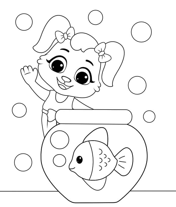 Dibujo de Personaje de Dibujos Animados Manteniendo Peces en el Tanque para Colorear