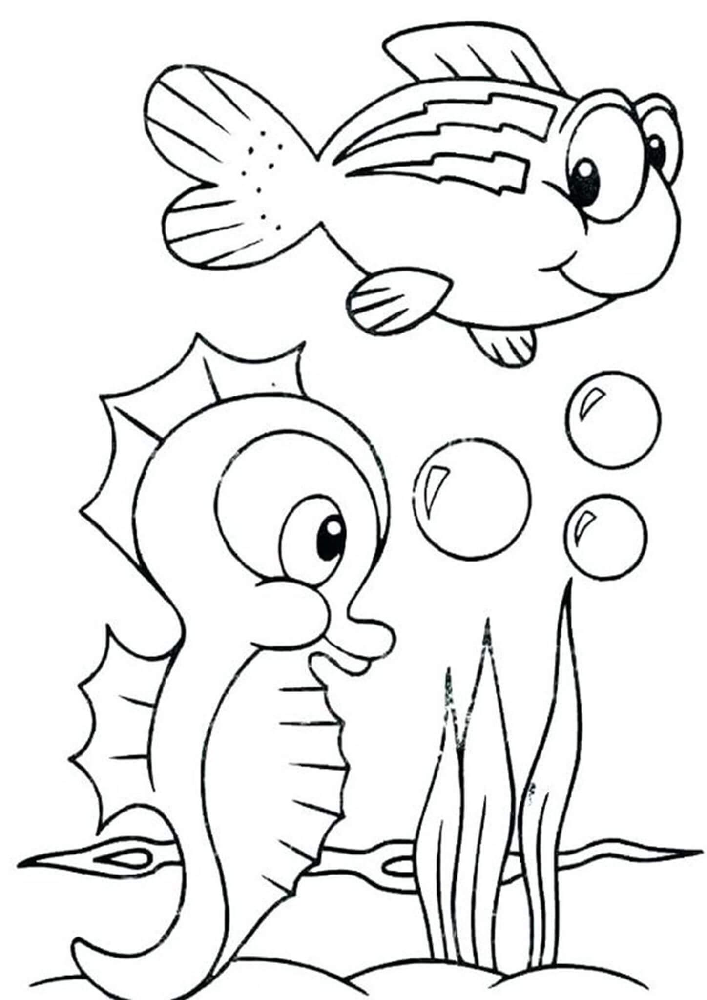 Dibujo de Pez Sonriente y Caballito de Mar para Colorear