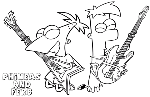 Dibujo de Phineas y Ferb Tocando la Guitarra para Colorear