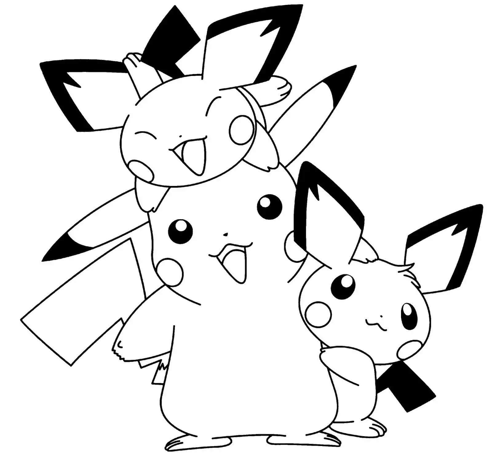 Dibujo de Dos Pichu y Pikachu Felices para Colorear