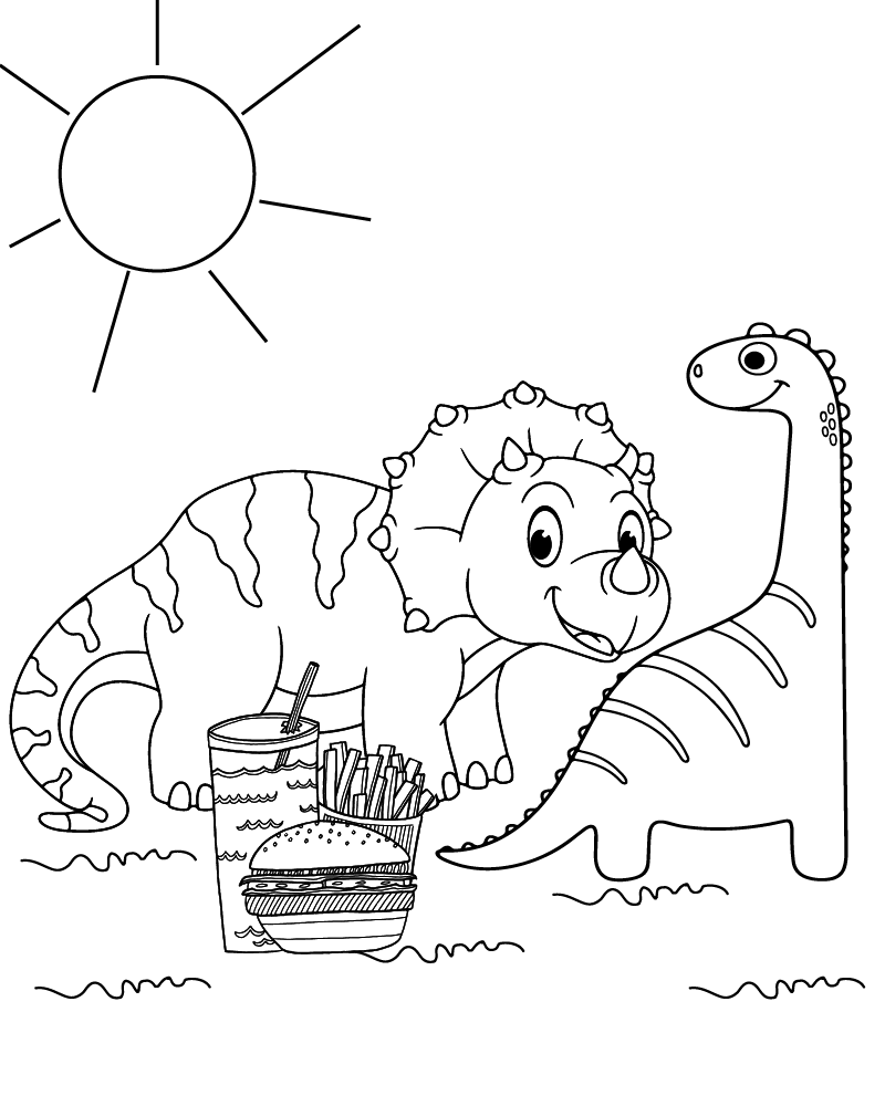 Dibujo de Awesome Printable Dino Picnic Under The Sun Coloring Page para Colorear