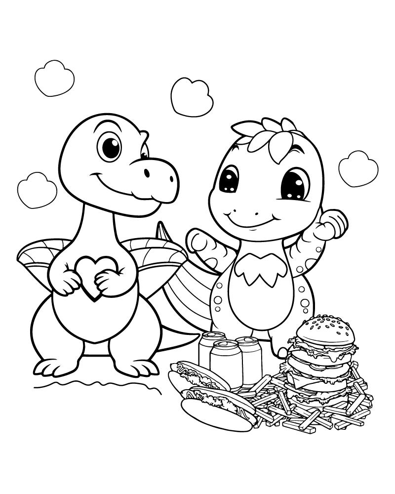 Dibujo de Cute Dino Eating Fast Foods Coloring Page para Colorear