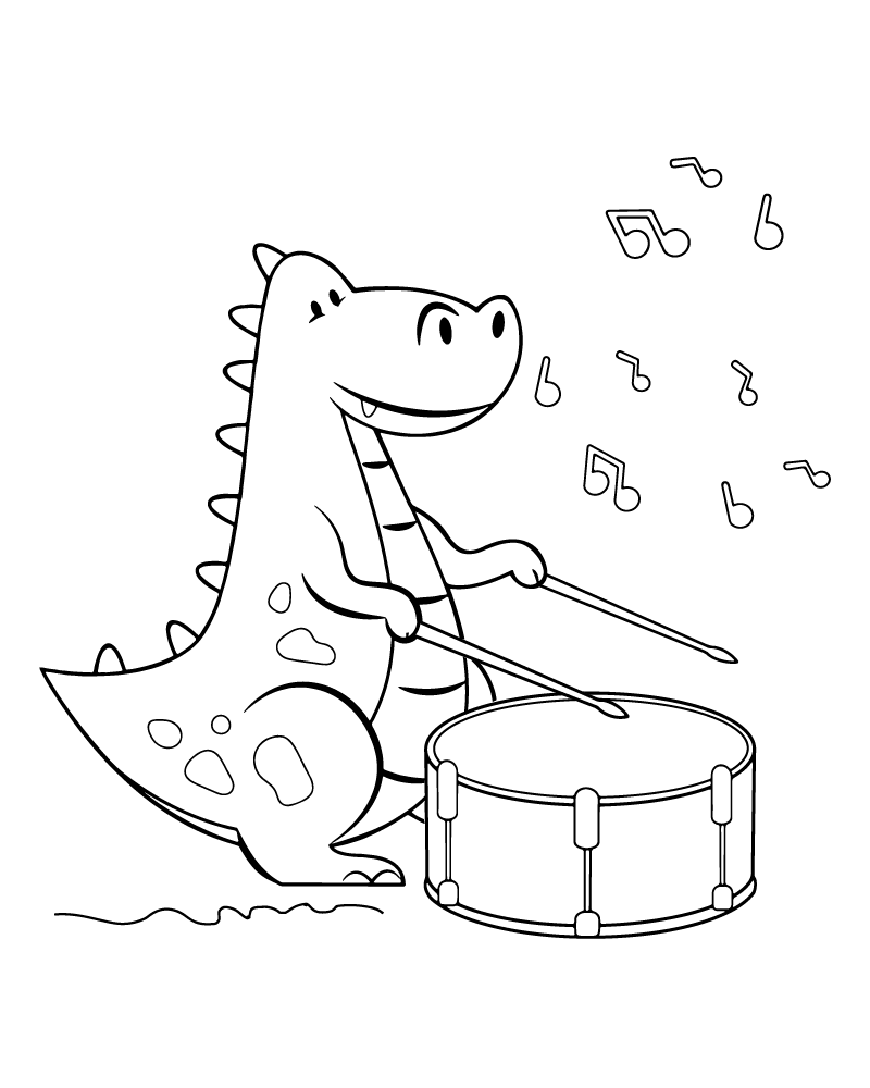 Dibujo de Cute Dino Playing a Drum Coloring Page para Colorear