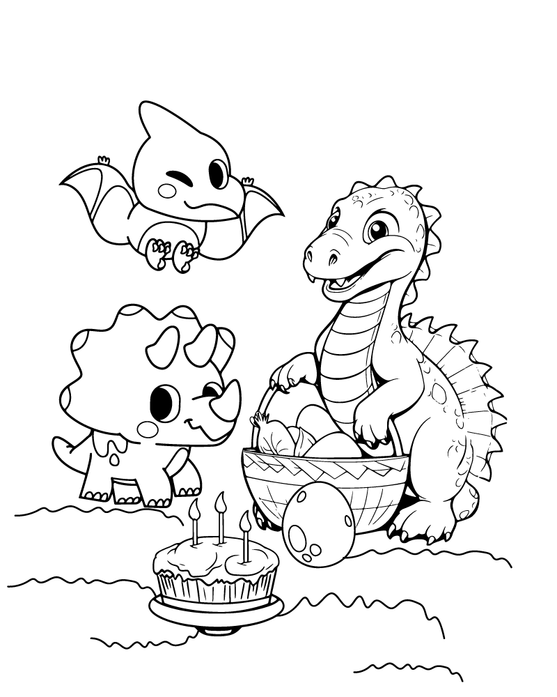 Dibujo de Cute Printable Of Dino And Cake para Colorear