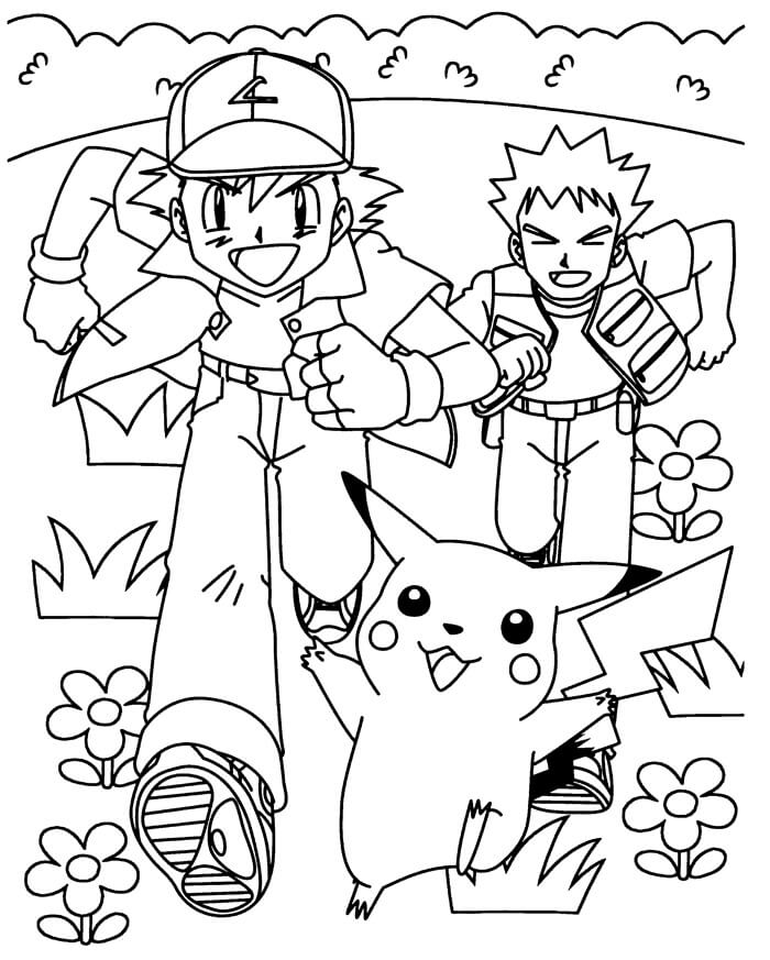 Dibujo de Ash Ketchum Brock y Pikachu Corriendo para Colorear