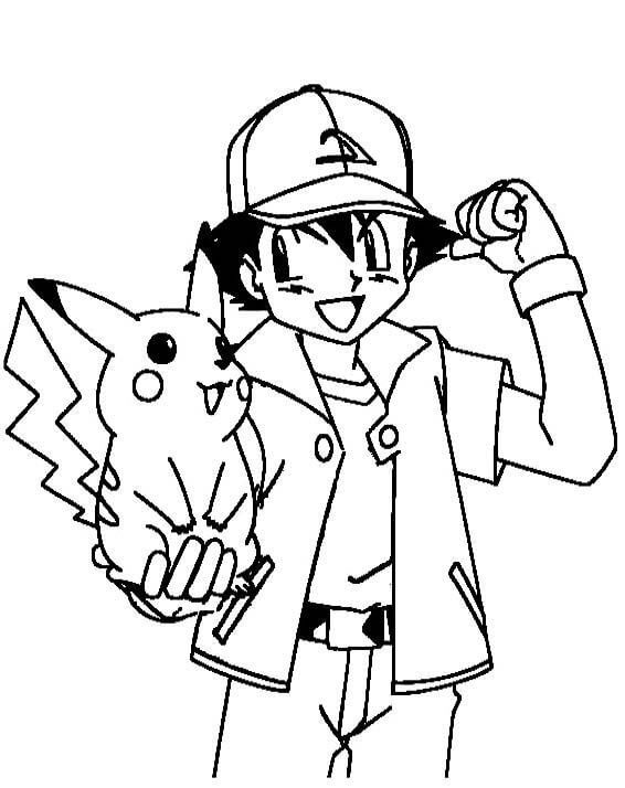 Dibujo de Ash Ketchum Sosteniendo a Pikachu para Colorear