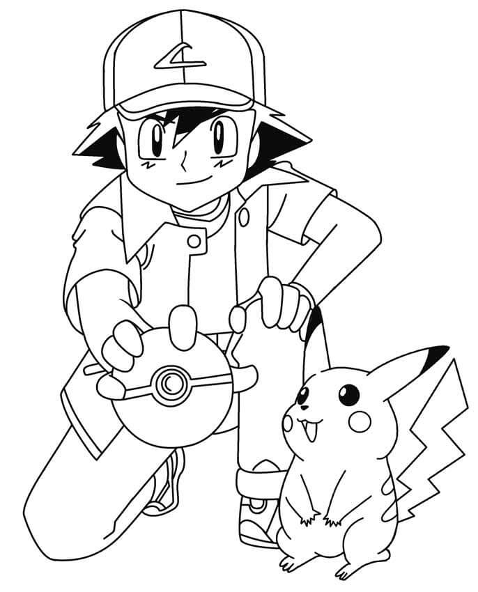 Dibujo de Ash Ketchum Sosteniendo Pokeball y Pikachu para Colorear