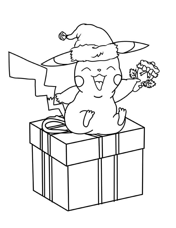 Dibujo de Navidad Pikachu Sentado en Caja de Regalo para Colorear