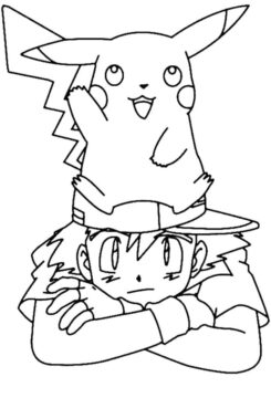 Dibujo de Pikachu Sentado en la Cabeza de Satoshi para Colorear