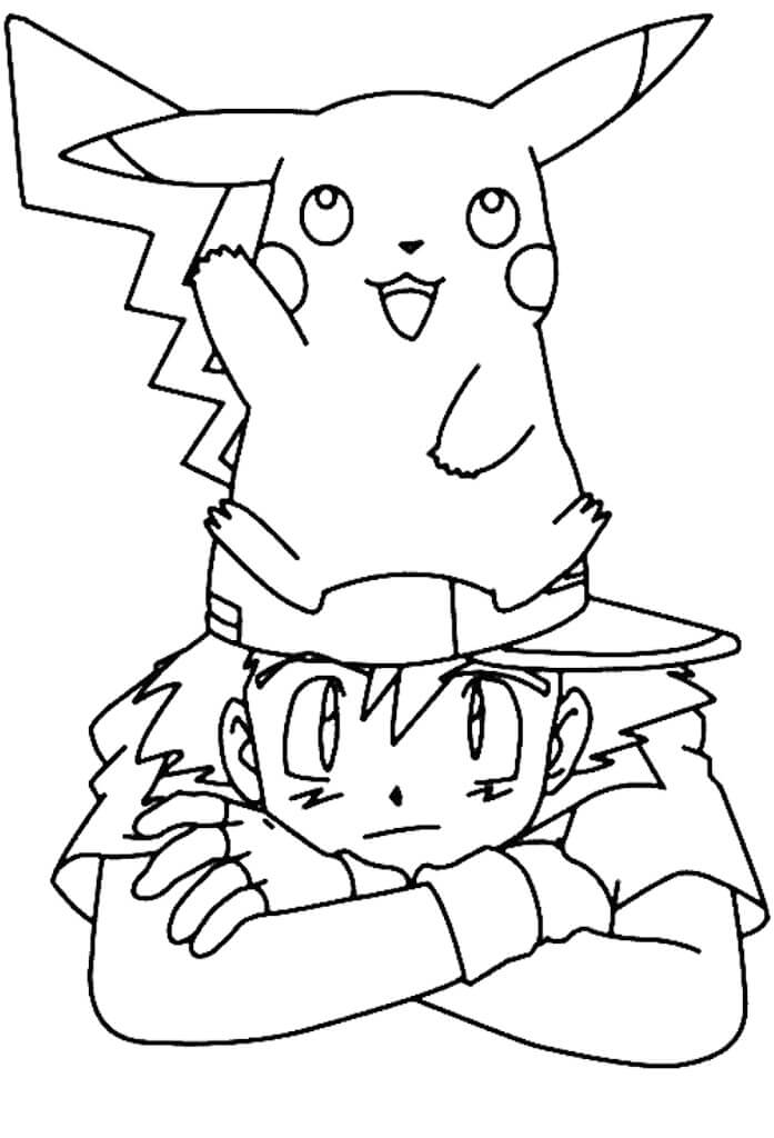 Dibujo de Pikachu Sentado en la Cabeza de Satoshi para Colorear