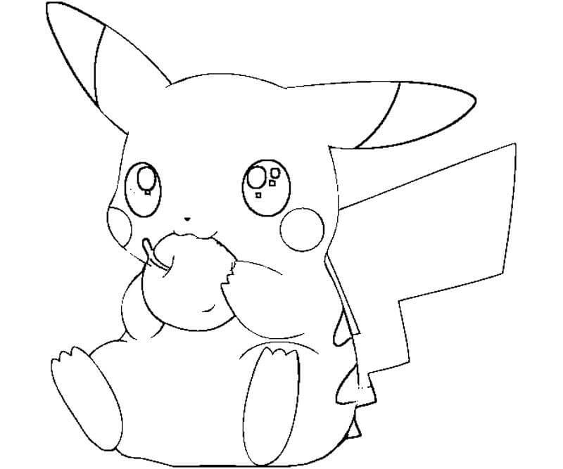 Dibujo de Pikachu Sentado y Comiendo Manzana para Colorear