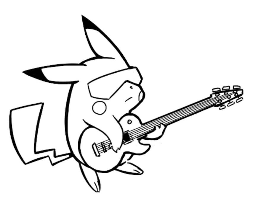 Dibujo de Pikachu Tocando la Guitarra para Colorear