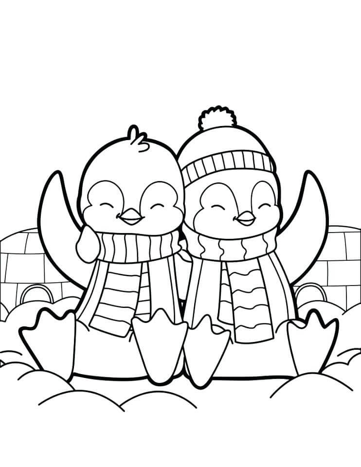 Dibujo de Encantadores Hermanos pingüinos Sentados para Colorear