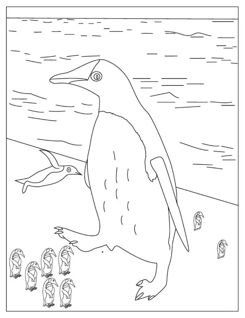 Dibujo de Gran pingüino con los bebés pingüinos para Colorear