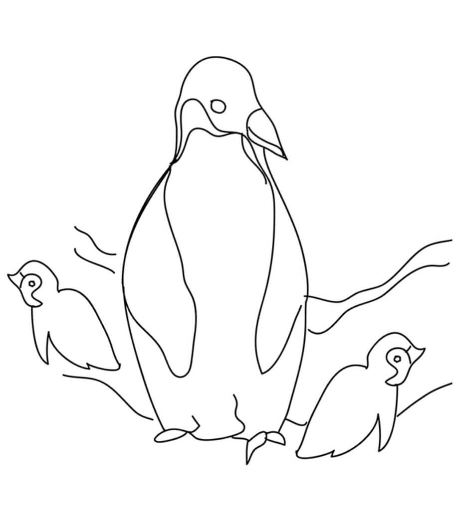 Dibujo de Mamá pingüina y Dos bebés pingüinos para Colorear