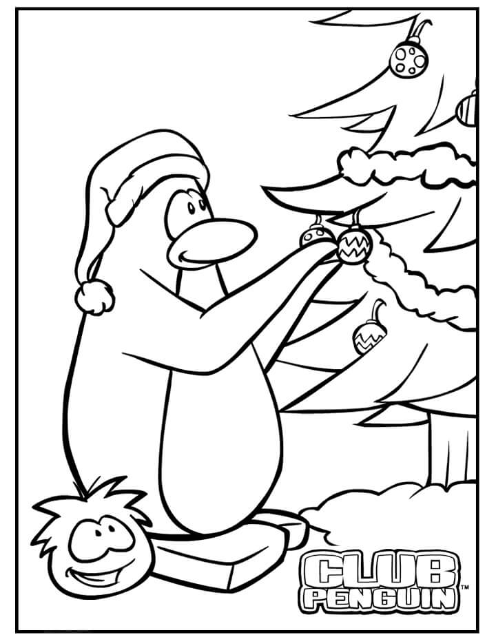 Dibujo de Pingüino con árbol de Navidad para Colorear