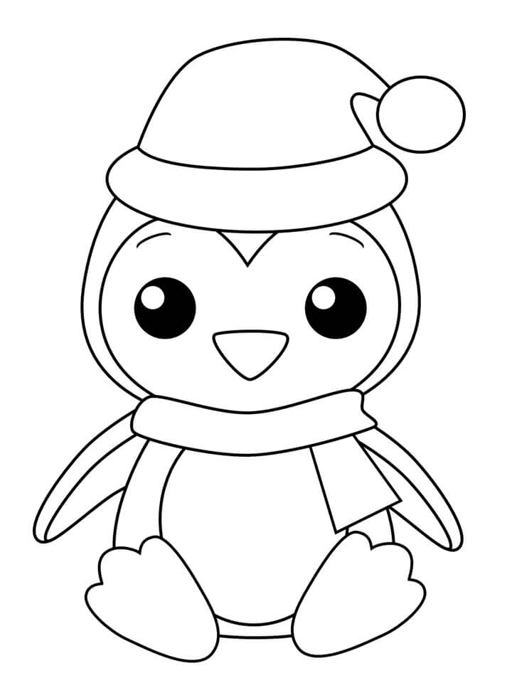 Dibujo de Pingüino con Gorro de Papa Noel para Colorear