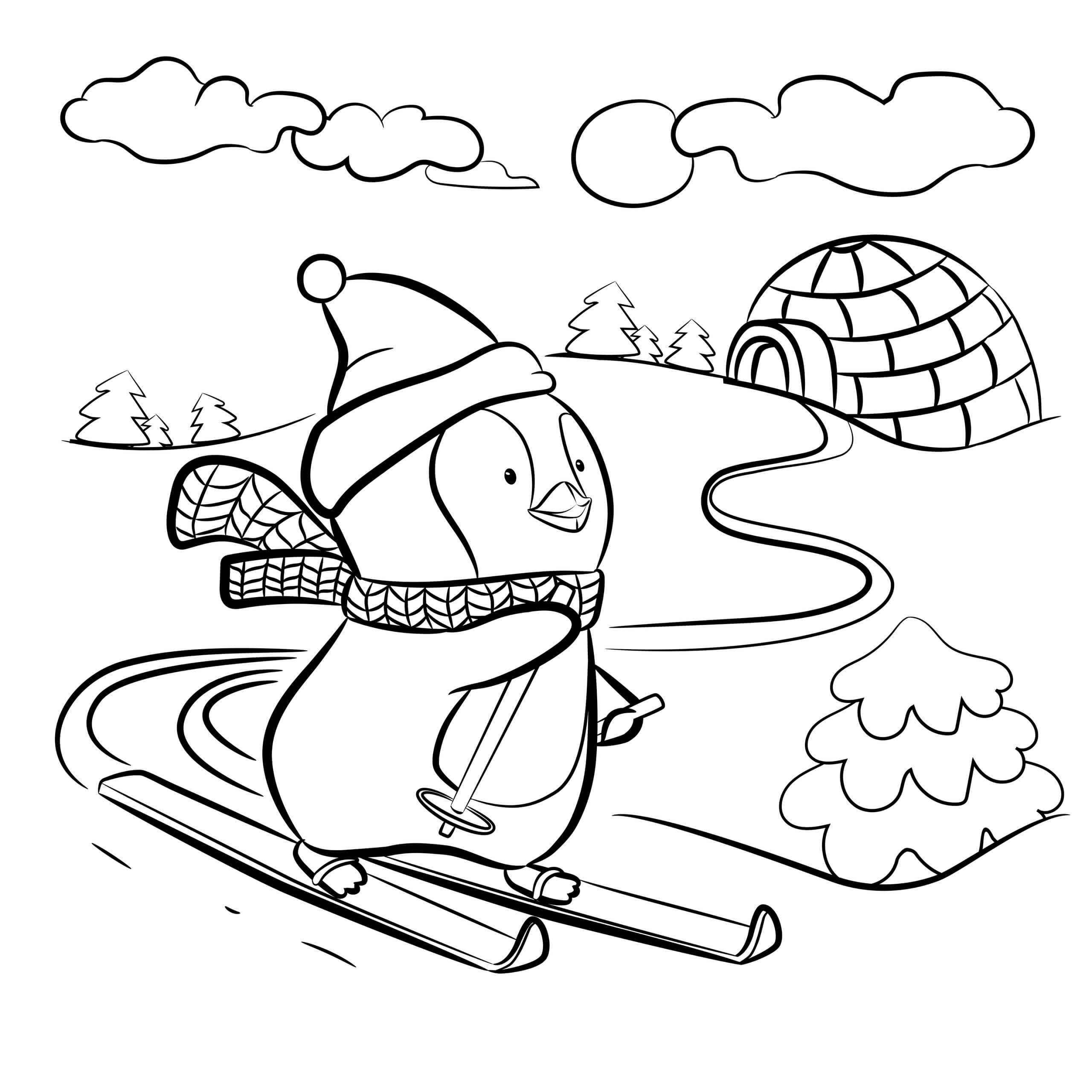 Dibujo de Pingüino de Dibujos Animados de Esqui para Colorear