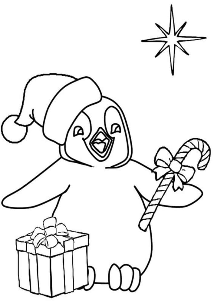 Dibujo de Pingüino de Navidad con Caja de Regalo para Colorear