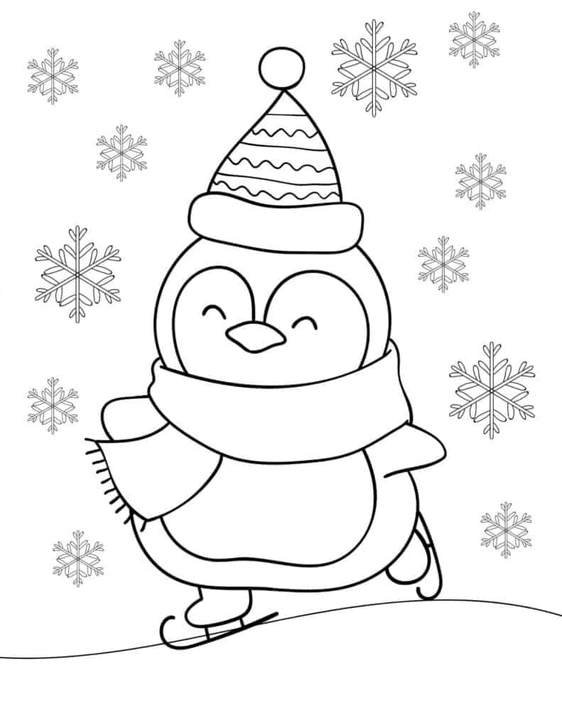 Dibujo de Pingüino Esquiando con Copos de Nieve para Colorear