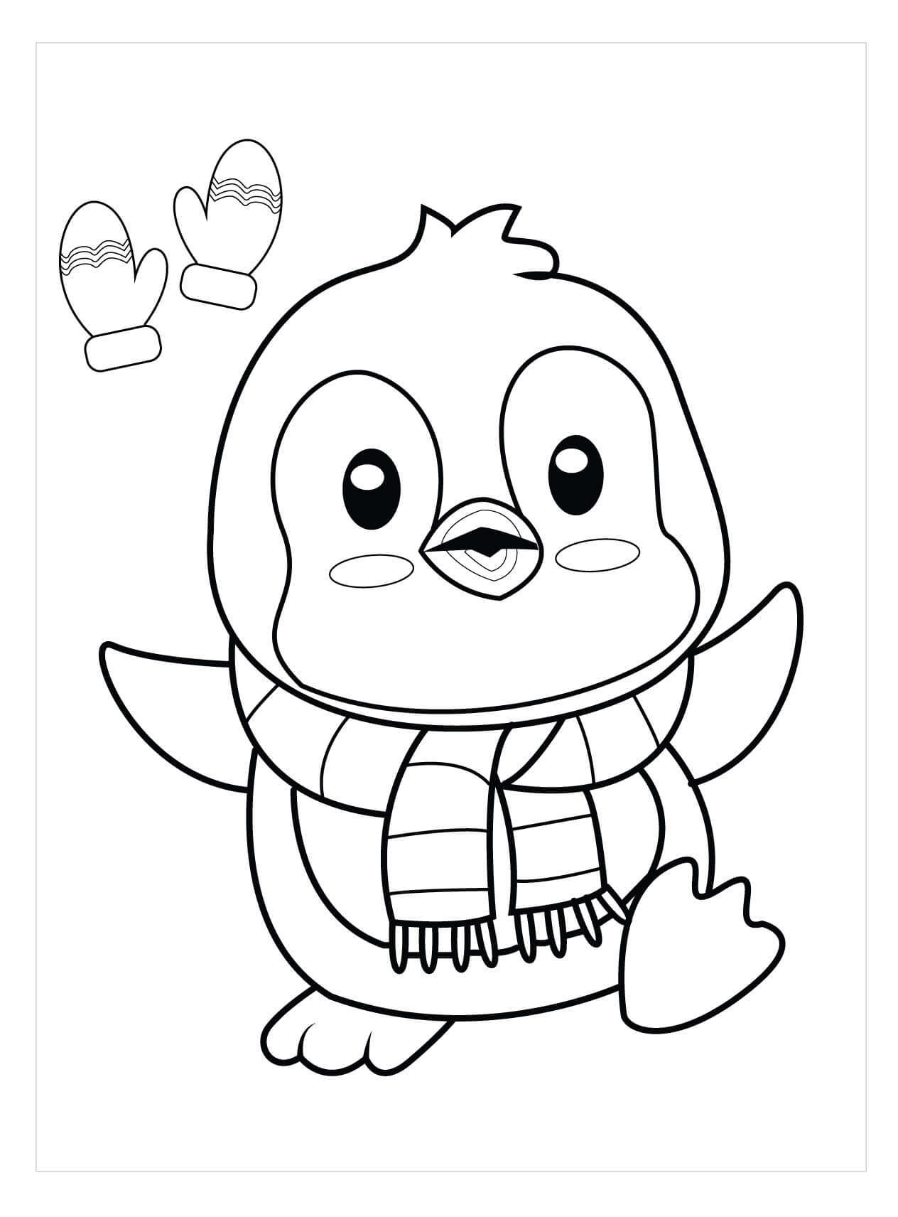 Dibujo de Pingüino Kawaii en Invierno para Colorear
