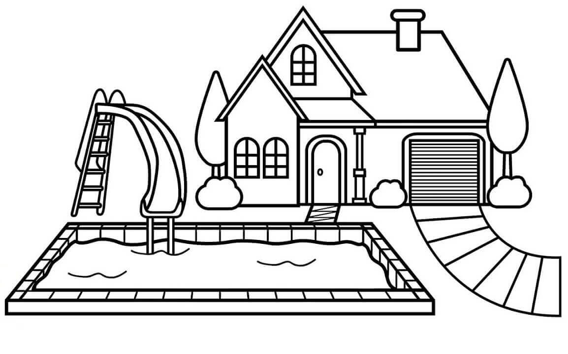 Dibujo de Casa con Piscina para Colorear