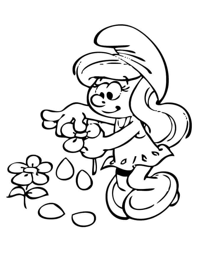 Dibujo de Pitufina con Flores para Colorear