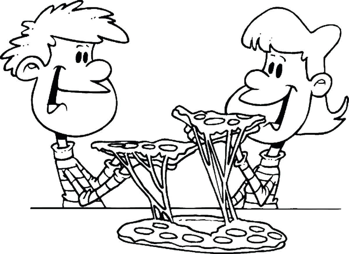 Dibujo de Dos niños Comiendo Pizza para Colorear