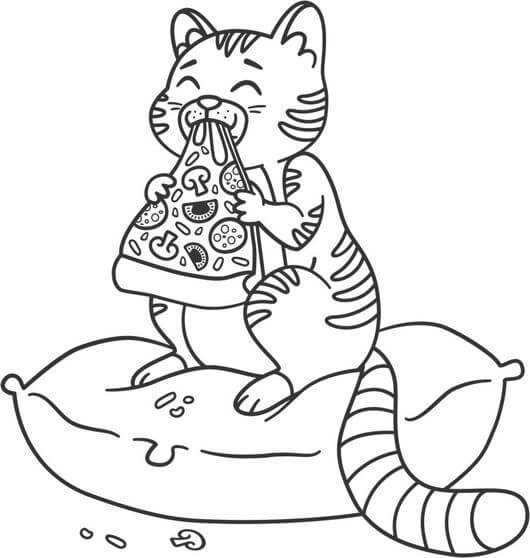 Dibujo de Gato Comiendo Pizza para Colorear