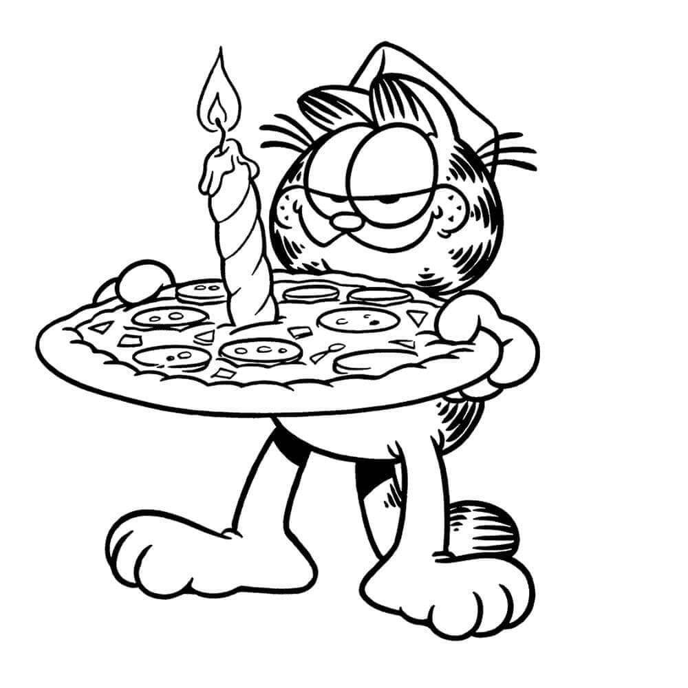 Dibujo de Gato de Dibujos Animados Comiendo Pizza para Colorear
