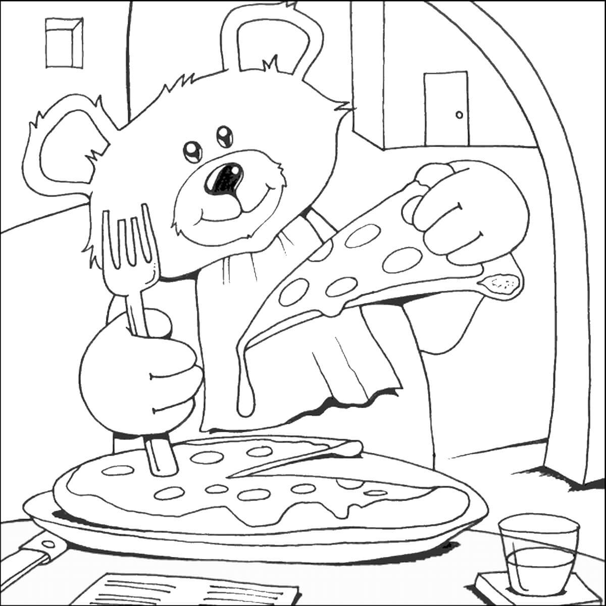 Dibujo de Oso Comiendo Pizza para Colorear