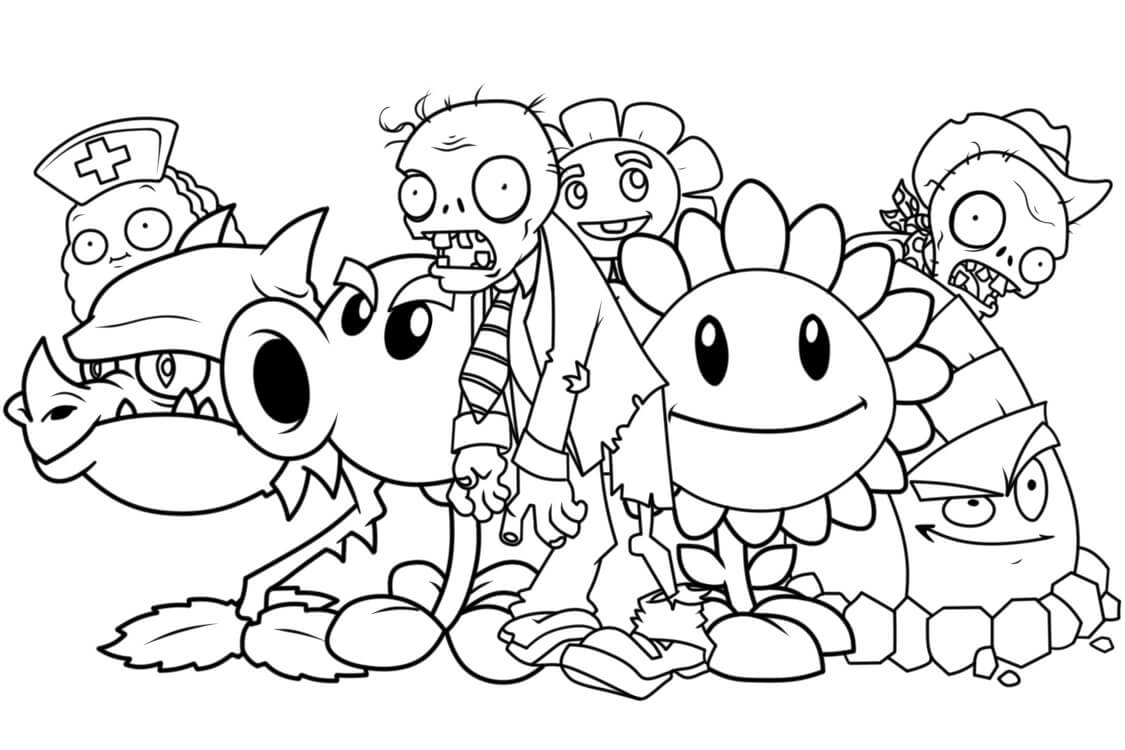 Dibujo de Todos los Personajes de Plantas Vs Zombies para Colorear