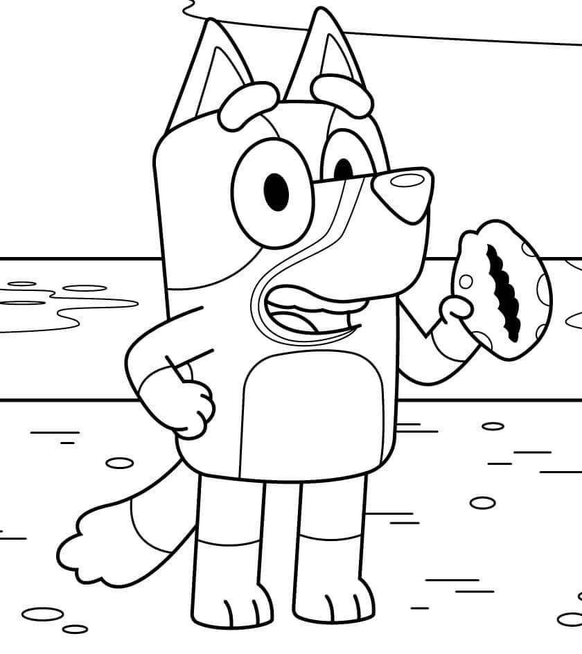 Dibujo de Bluey Sosteniendo Pastel en la Playa para Colorear