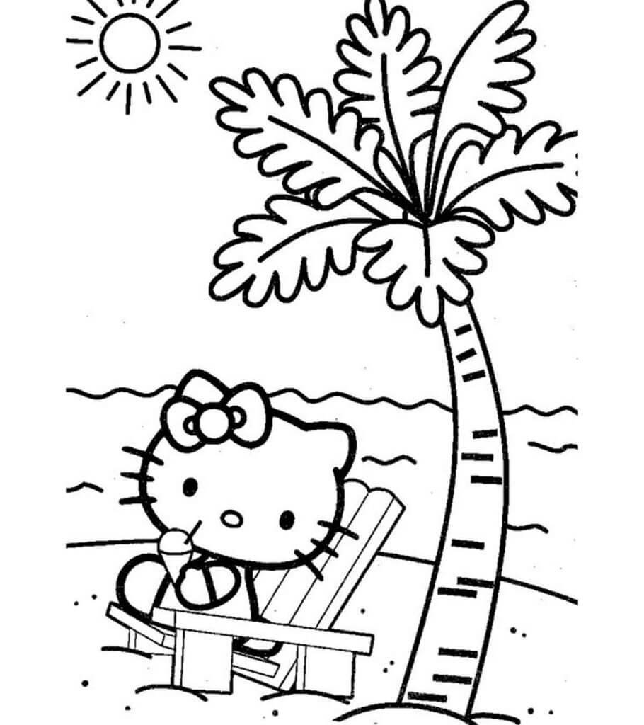 Dibujo de Hola Gatito en la Playa para Colorear