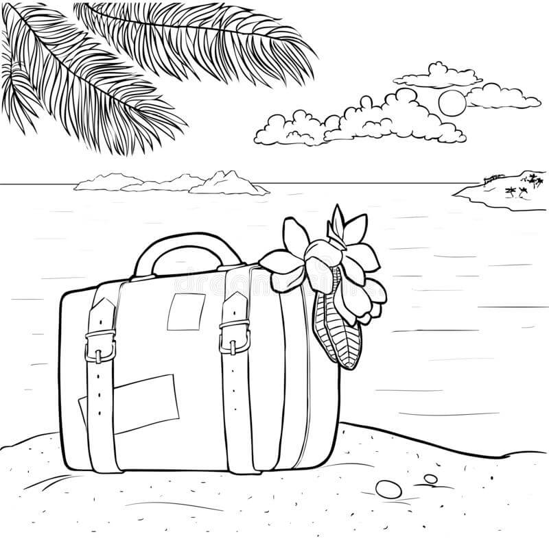 Dibujo de Maleta con Plumeria en la Playa para Colorear