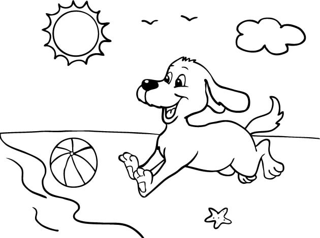 Dibujo de Perro Jugando con la Pelota en la Playa para Colorear