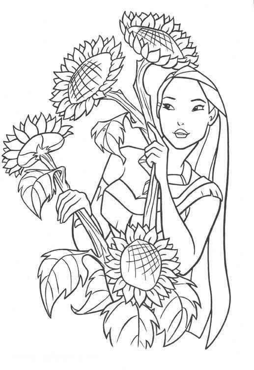Dibujo de Pocahontas con Girasoles para Colorear