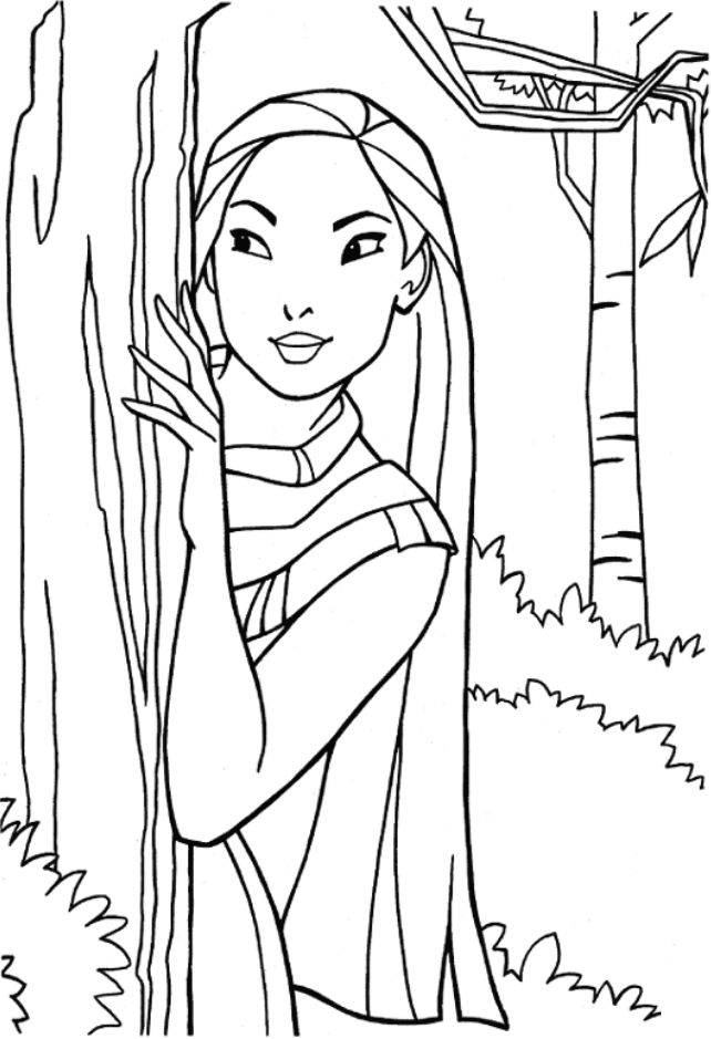 Dibujo de Pocahontas detrás del árbol para Colorear