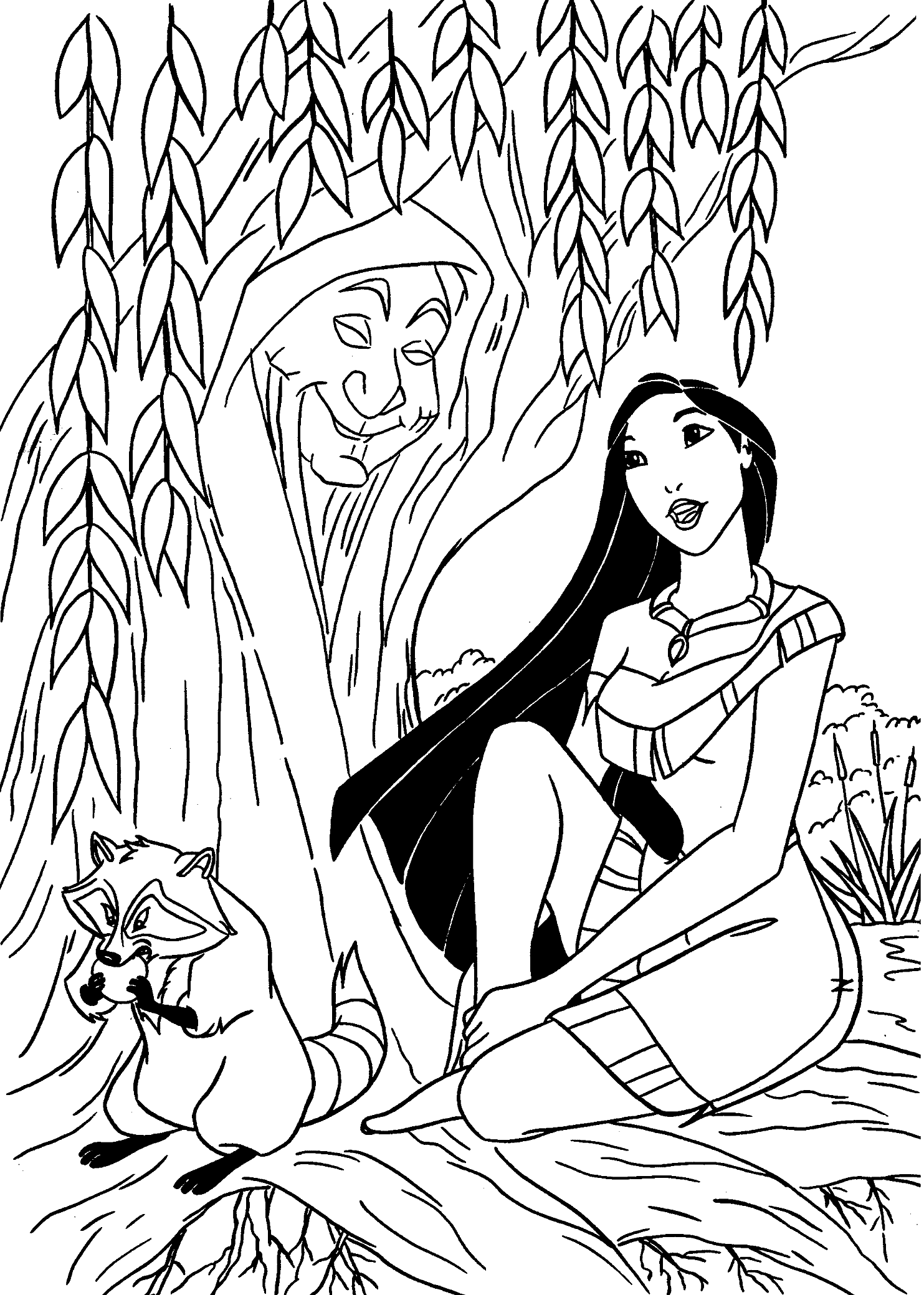 Dibujo de Pocahontas y Abuela Sauce para Colorear