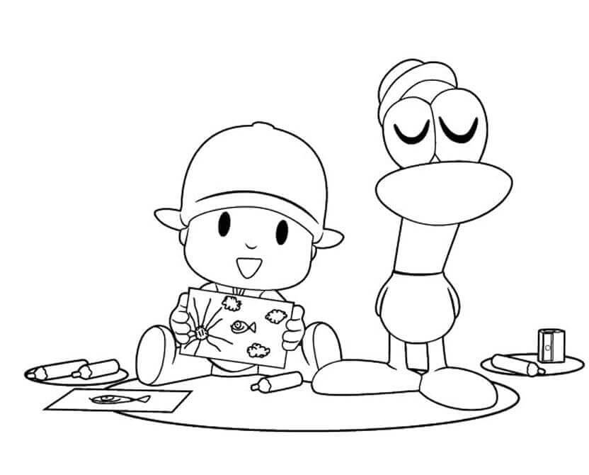 Dibujo de Divertido Pocoyó y Pato para Colorear
