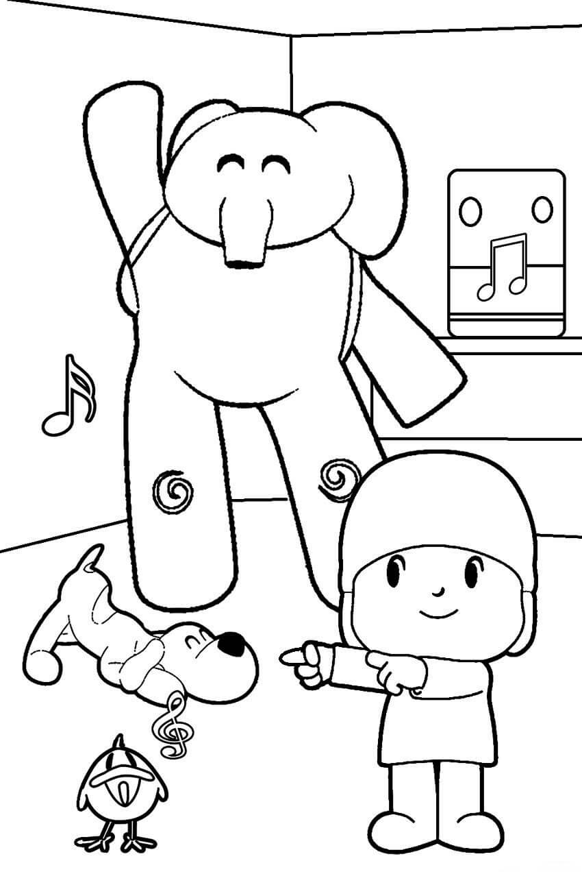 Dibujo de Pocoyó y Amigos Escuchando música para Colorear