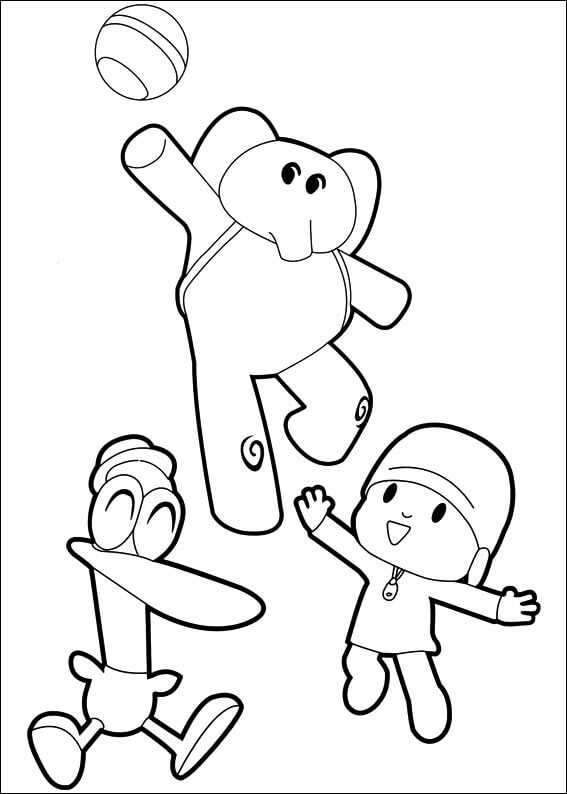 Dibujo de Pocoyó y Amigos Juegan con la Pelota para Colorear
