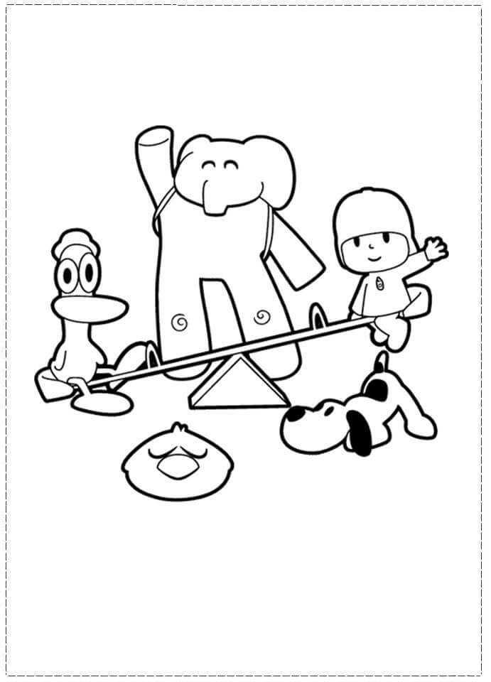 Dibujo de Pocoyó y Amigos Jugando Balancin para Colorear