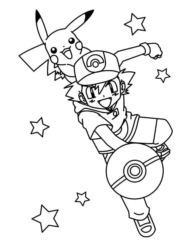 Dibujo de Ash Ketchum Sosteniendo Pokeball para Colorear