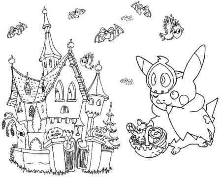 Dibujo de Pikachu y la Casa Embrujada página para Colorear