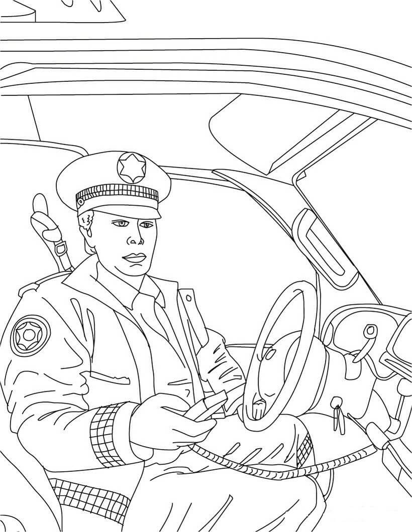 Dibujo de Policía en Su Coche de policía para Colorear