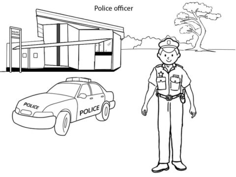 Dibujo de Policía y Coche de policía en la Comisaria para Colorear